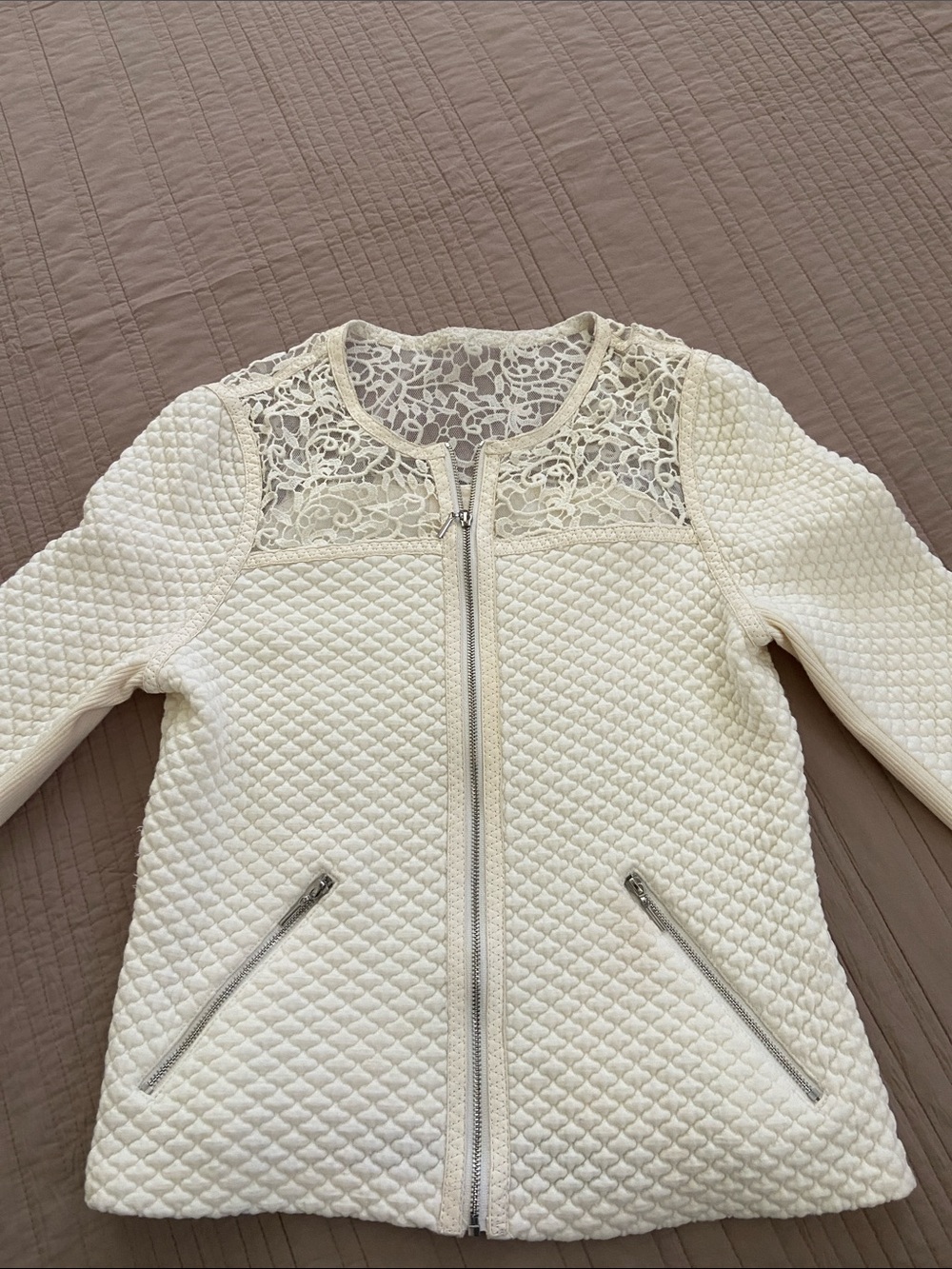 Taylor Cream Quilted Lace Yoke Zip Bomber Jacket